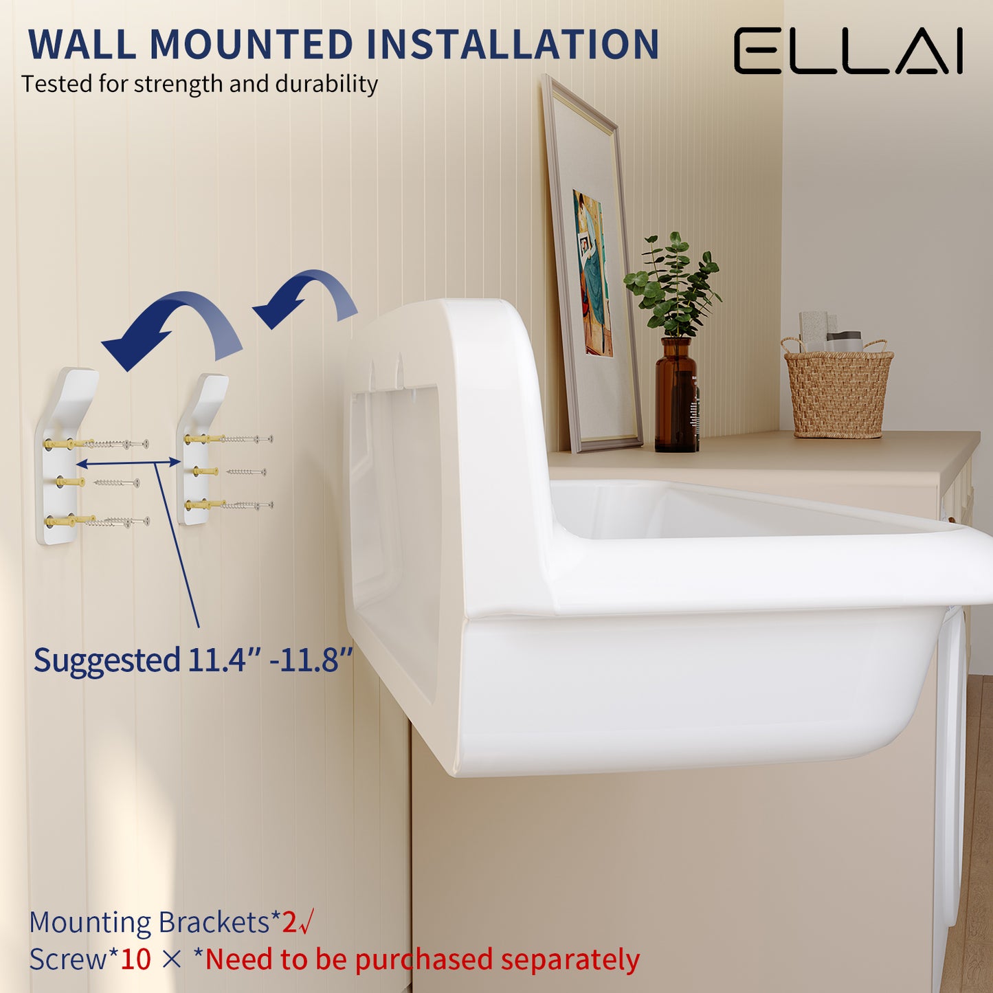 ELLAI Wall Mount Utility Sink Wall Mounted Laundry Tub Ceramic Farm Style High Back Farmhouse Sink for Laundry Room, Garage, Kitchen, Bathroom, White 36" x 18" x 15"