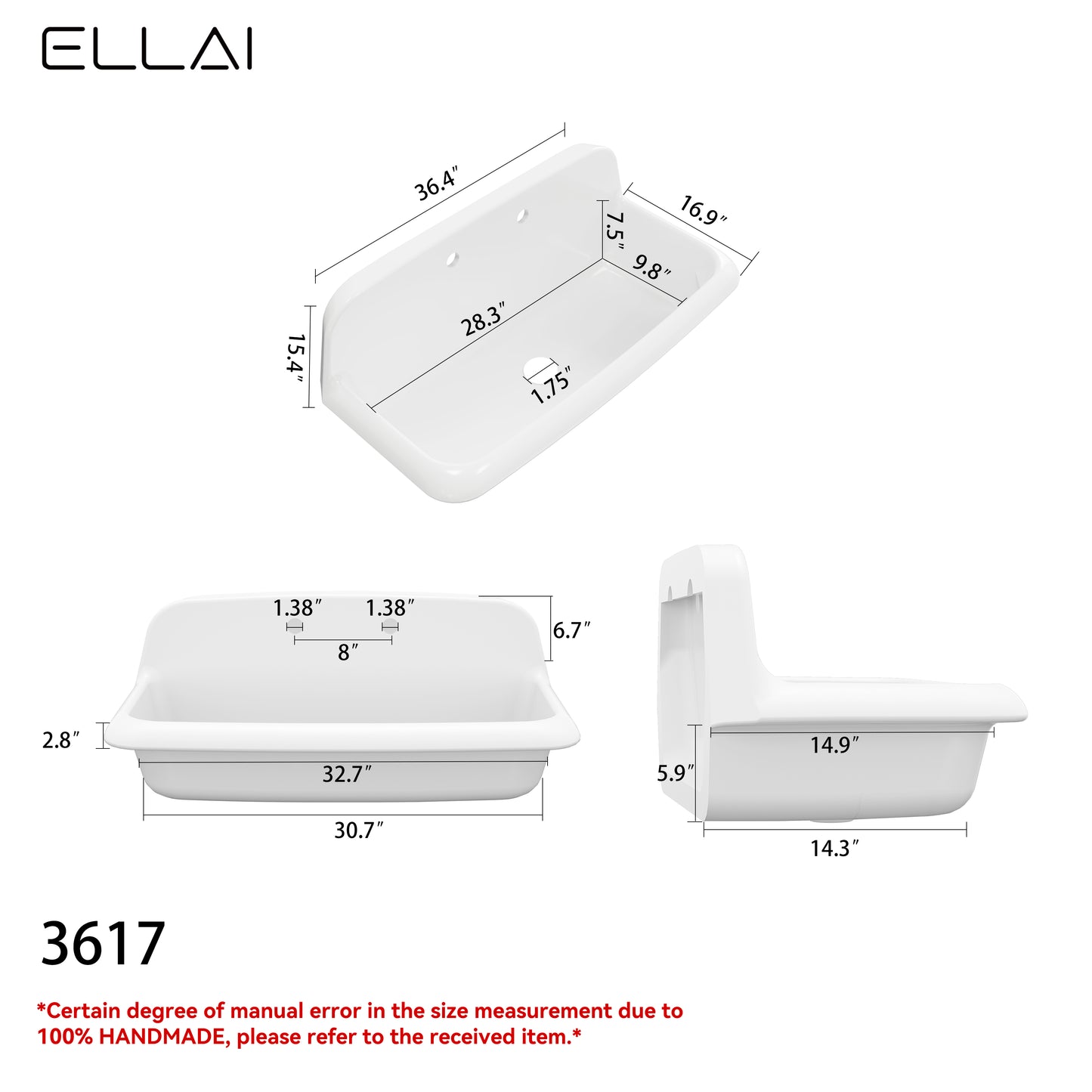 ELLAI Wall Mount Utility Sink Wall Mounted Laundry Tub Ceramic Farm Style High Back Farmhouse Sink for Laundry Room, Garage, Kitchen, Bathroom, White 36" x 18" x 15"