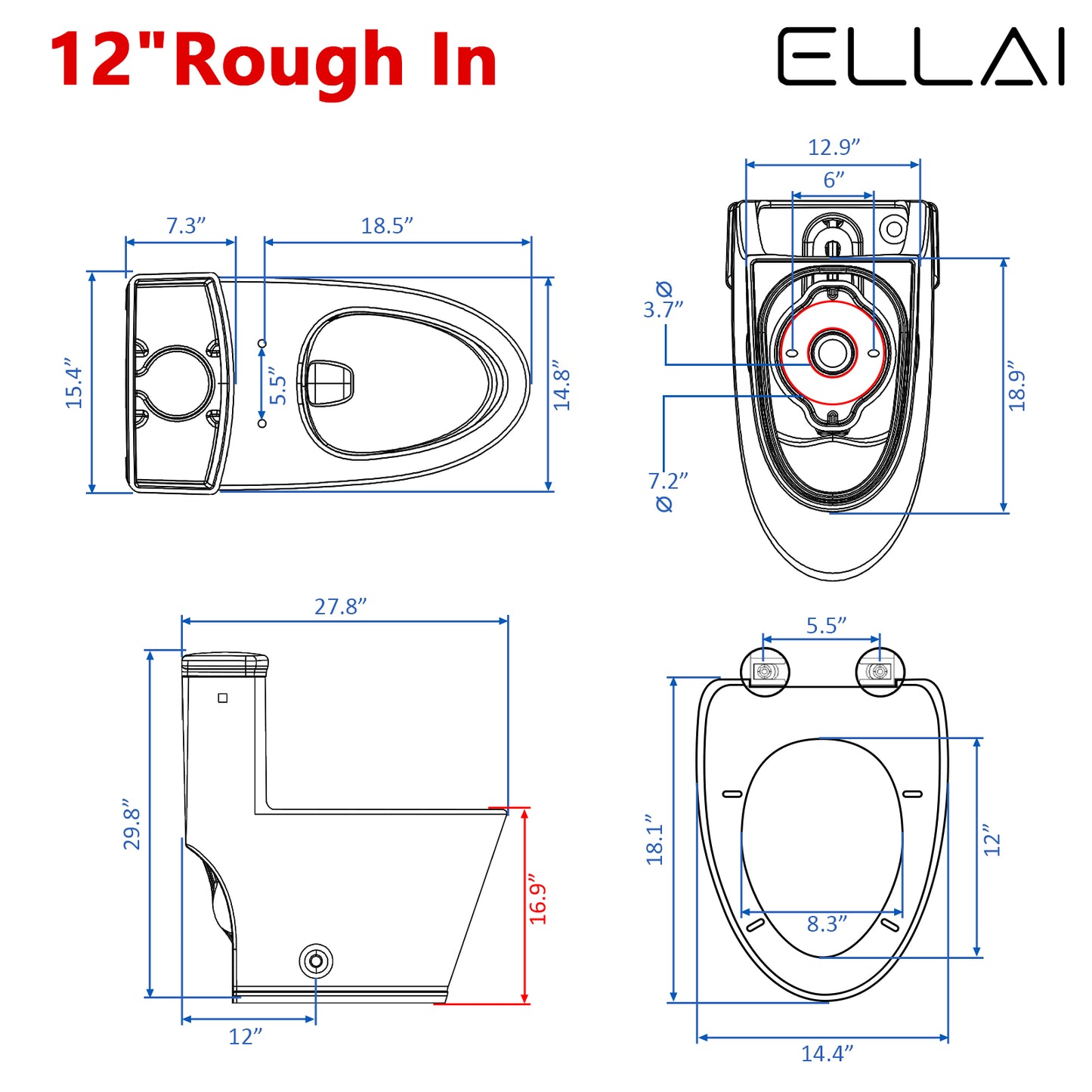 ELLAI One Piece Elongated Toilet Power Dual Flush 1.1/1.6 GPF Standard White 12” Rough In Modern Toilet for Bathroom with Soft Closing Seat and Comfort Chair Seat 17"ADA Height, 27.8”x15.4”x29.8”