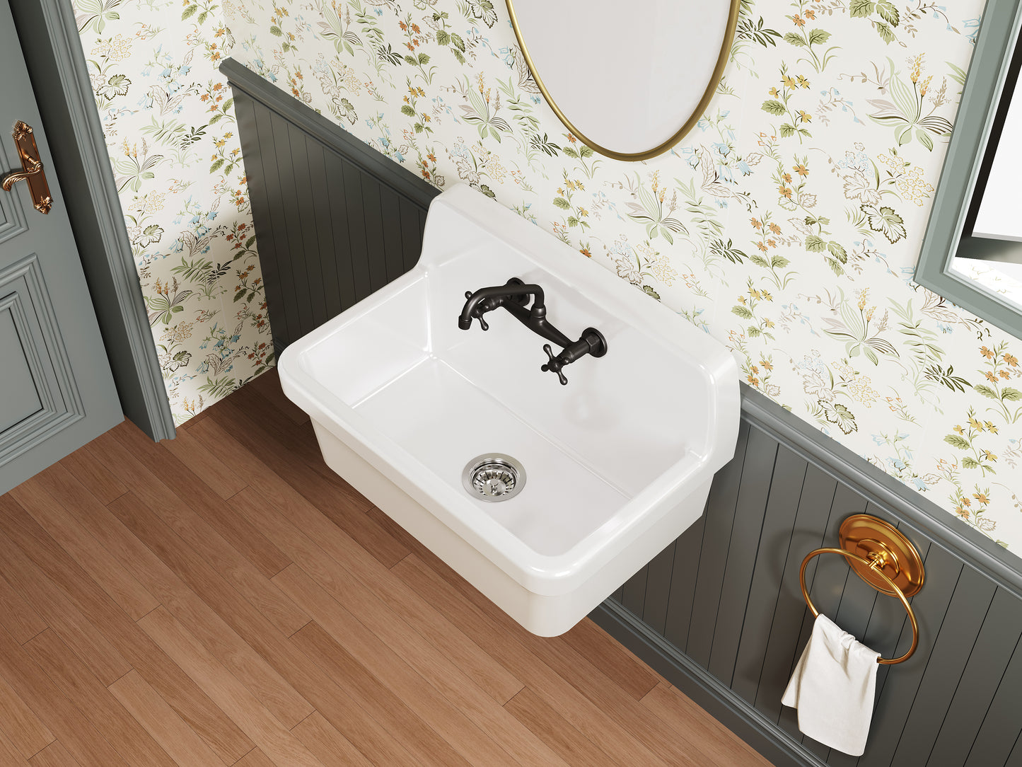 ELLAI White Ceramic Farmhouse Kitchen Sink 30"x19"x18" Farm Style Wall Mount Utility Sink High Back Floating Bathroom Sink Wall Mounted Laundry Sink with 8 Inch Center Faucet Matte Black