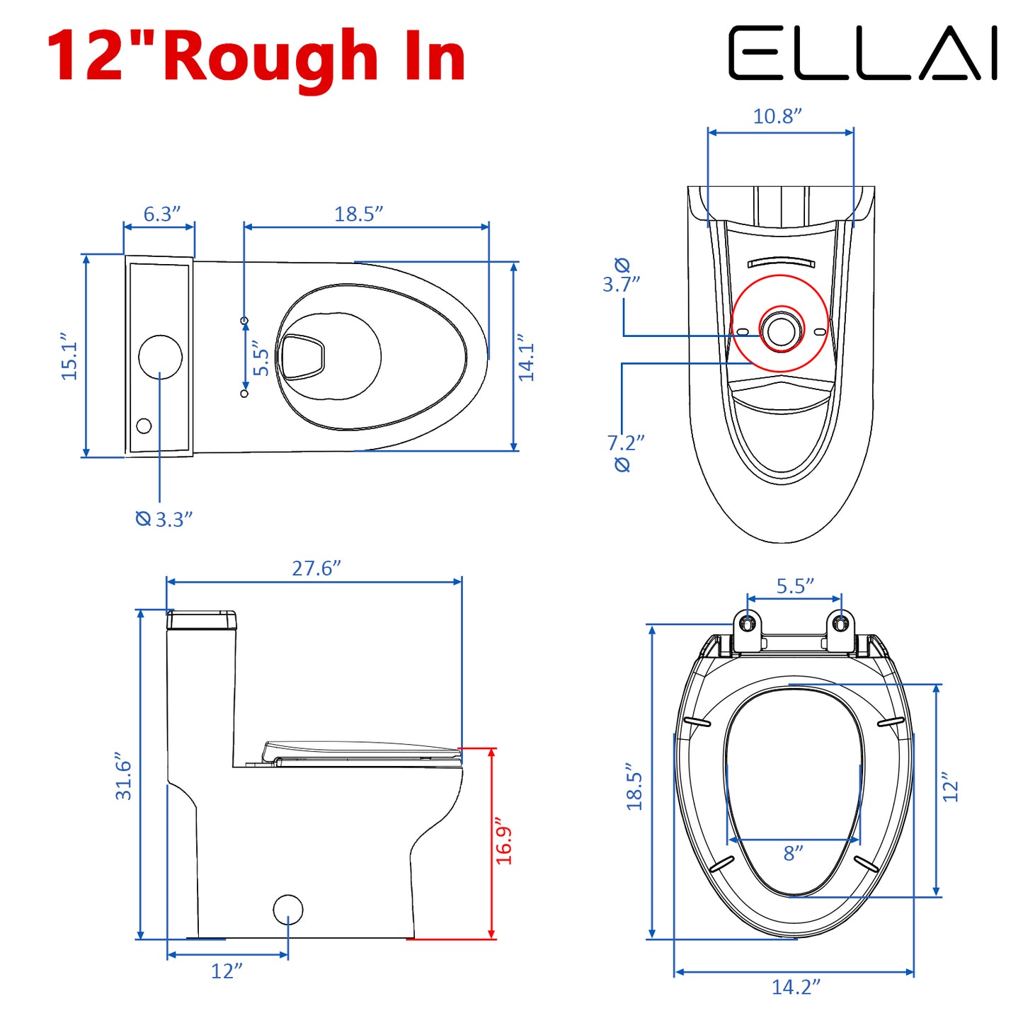 ELLAI One Piece Elongated Toilet Power Dual Flush 1.1/1.6 GPF Standard White 12” Rough In Modern Toilet for Bathroom with Soft Closing Seat and Comfort Chair Seat 17"ADA Height, 27.6”x15.1”x31.6”