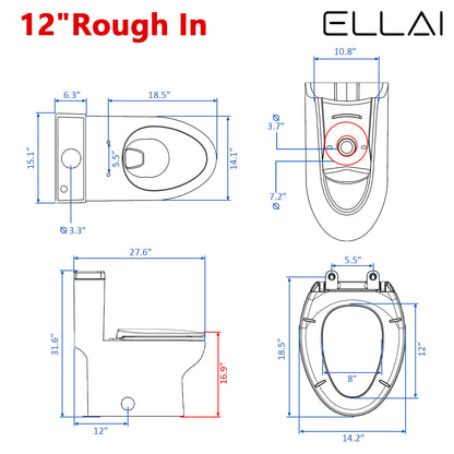 ELLAI One Piece Elongated Toilet Power Dual Flush 1.1/1.6 GPF Standard White 12” Rough In Modern Toilet for Bathroom with Soft Closing Seat and Comfort Chair Seat 17"ADA Height, 27.6”x15.1”x31.6”