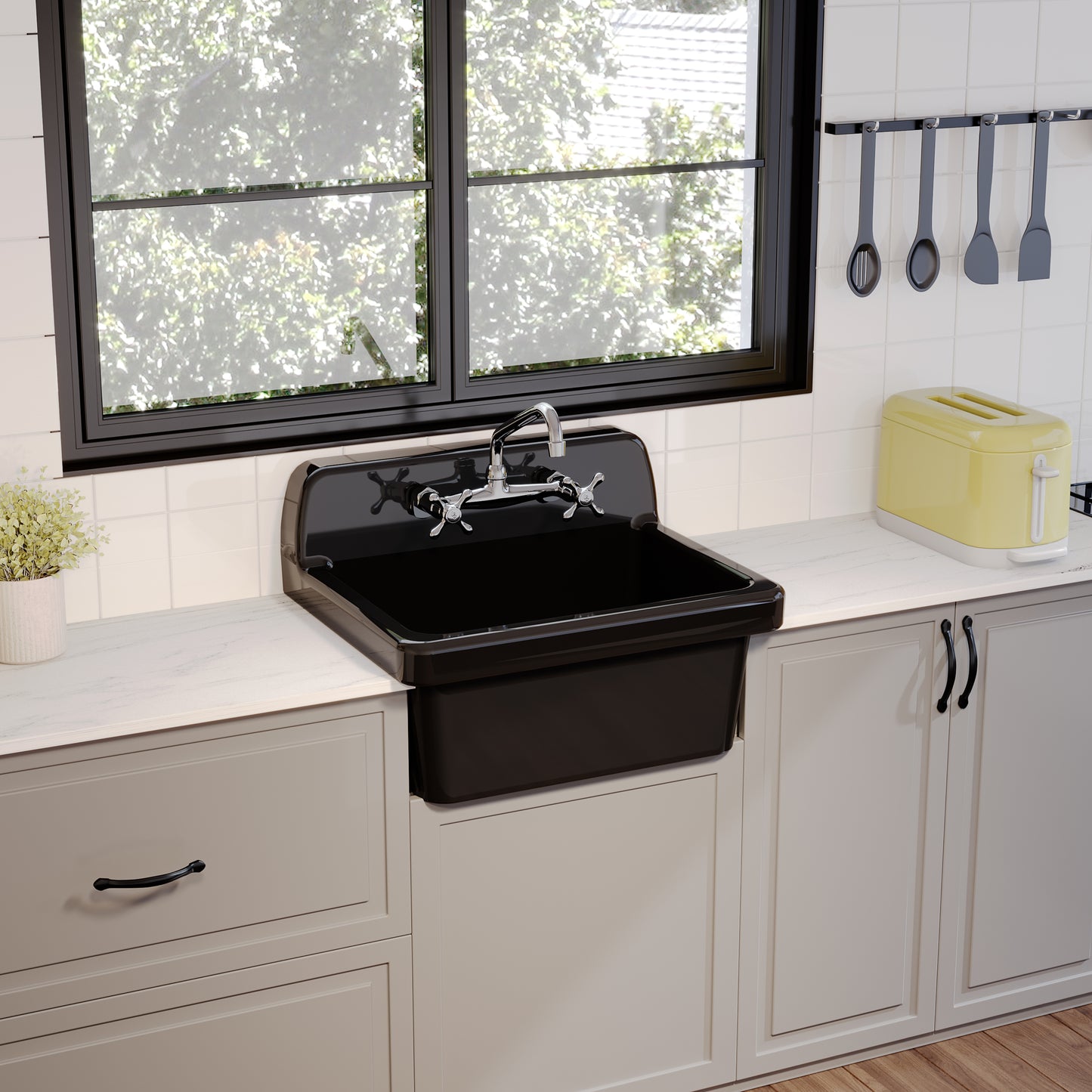 ELLAI Glossy Black Ceramic Farmhouse Kitchen Sink 24"x19"x16.5" Farm Style Wall Mount Utility Sink High Back Floating Bathroom Sink Wall Mounted Laundry Sink Laundry Tub Slop Sink