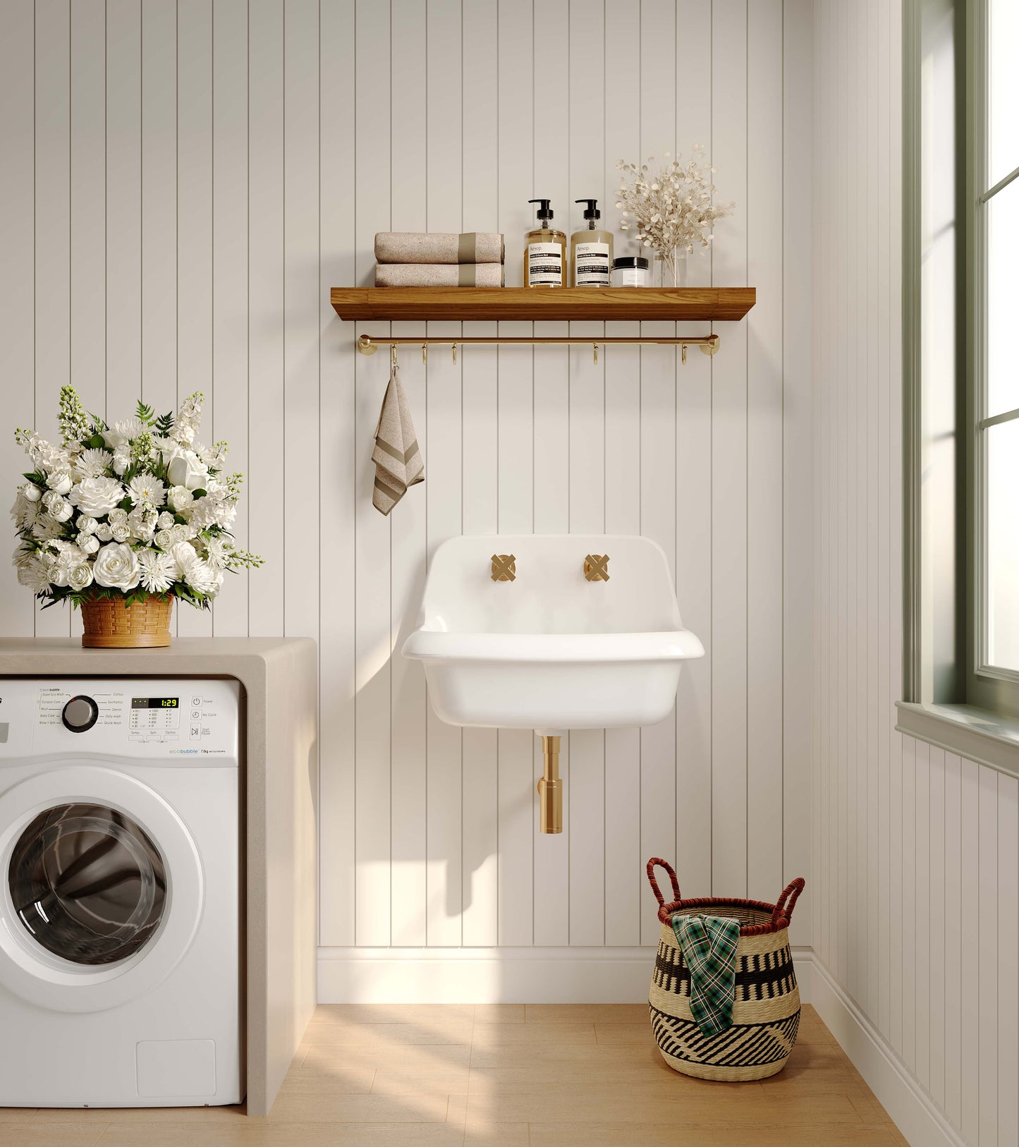 ELLAI 24 Inch Wall Mounted High Back Kitchen Sink White Porcelain Utility Sink Farm Sink Ceramic Farmhouse Laundry Sink Wall Mount Bathroom Sink, 8 in centers, 24” x 17” x 15”