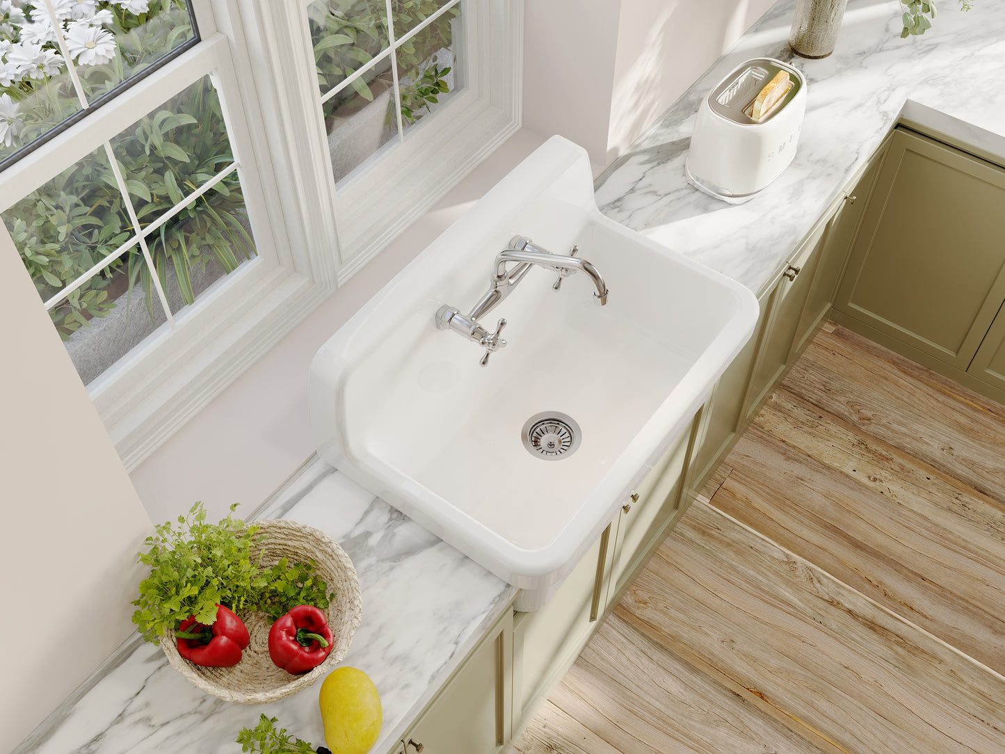 ELLAI White Ceramic Farmhouse Kitchen Sink 30"x19"x18" Farm Style Wall Mount Utility Sink High Back Floating Bathroom Sink Wall Mounted Laundry Sink with 8 Inch Center Faucet Polished Chrome