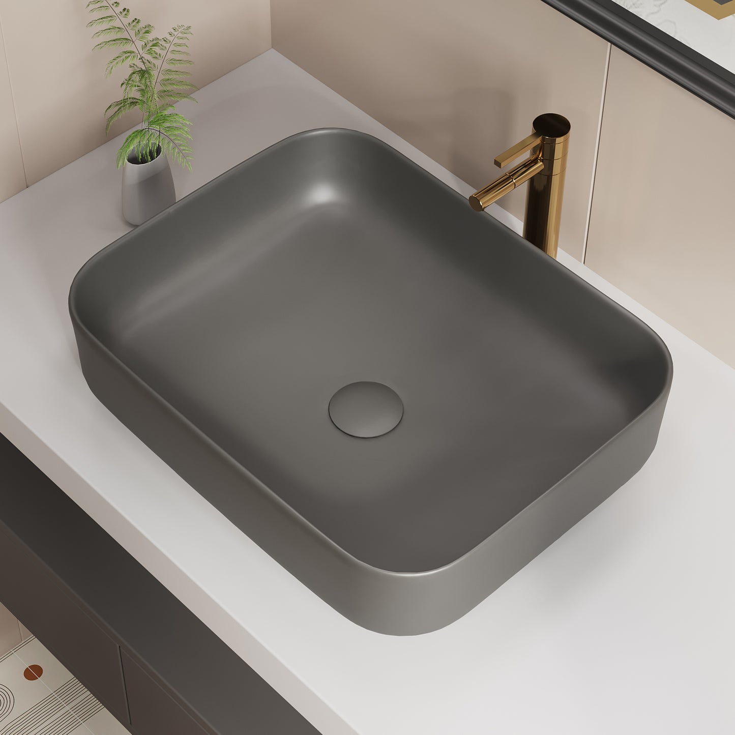 ELLAI Bathroom Vessel Sink 19.7"x15.2"x5.4" Rectangle Matte Gray Vessel Sink with Gray Pop Up Drain, Bathroom Sink Above Counter, Ceramic Countertop Vessel Sink for Bathroom