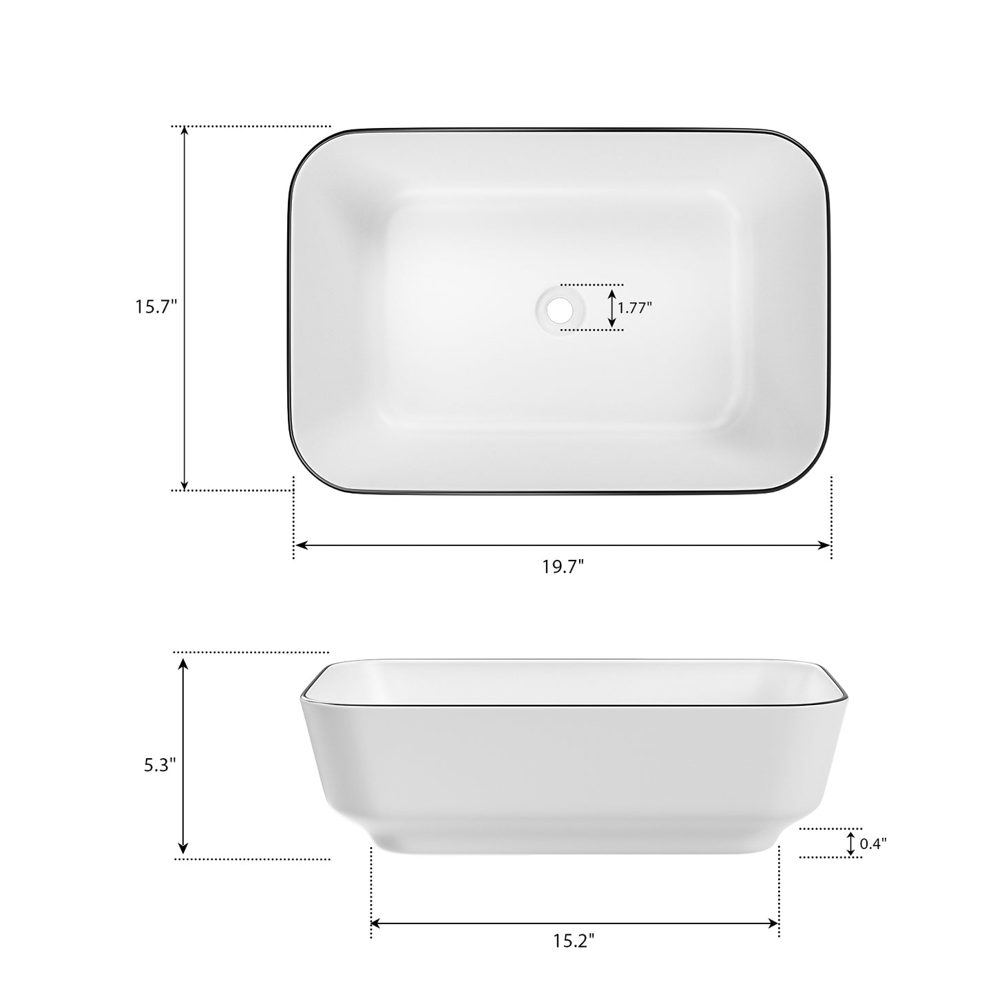 ELLAI Bathroom Vessel Sink Rectangle Bathroom Sink Bowl Above Counter Porcelain Ceramic Top Mount Rectanglar Sink Countertop Vanity Art Basin for Bathroom 19.7"x15.2"x5.4” Glossy White with Black Rim