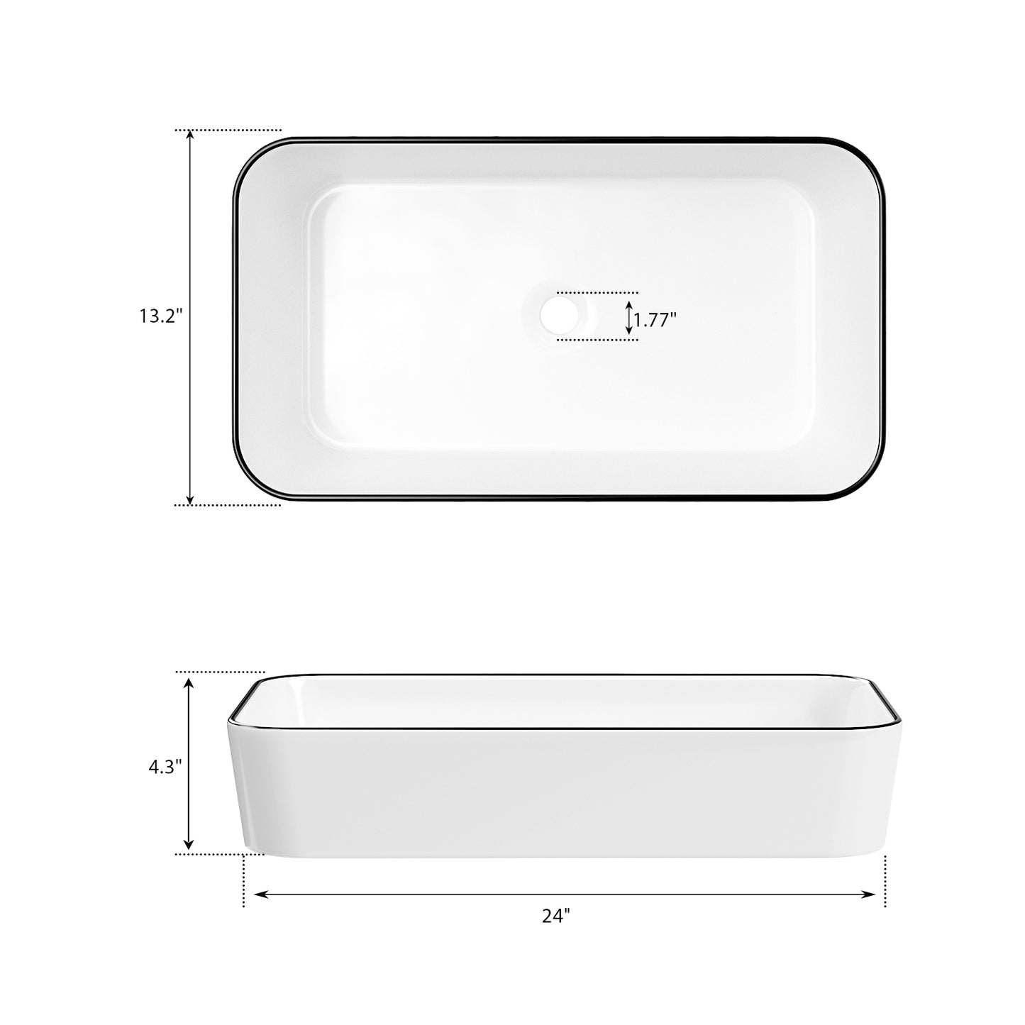 ELLAI Bathroom Vessel Sink Rectangle Bathroom Sink Bowl Above Counter Porcelain Ceramic Top Mount Rectanglar Sink Countertop Vanity Art Basin for Bathroom 24"x13.2"x4.3” Glossy White with Black Rim