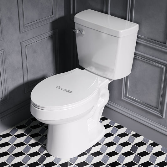 White 2-piece Elongated Toilet with Standard 12-in Rough-in , ELLAI Powerful Single Flush 1.28 GPF ADA Chair Height Toilet (Seat Included)