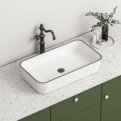 ELLAI Bathroom Vessel Sink Rectangle Bathroom Sink Bowl Above Counter Porcelain Ceramic Top Mount Rectanglar Sink Countertop Vanity Art Basin for Bathroom 24"x13.2"x4.3” Glossy White with Black Rim