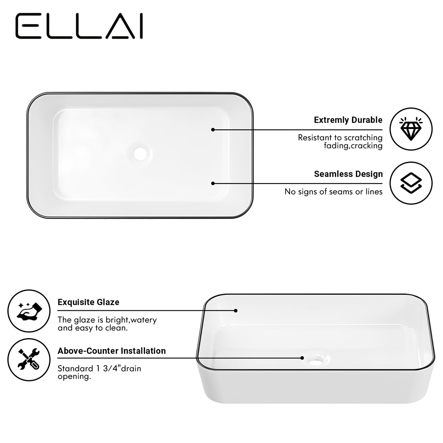 ELLAI Bathroom Vessel Sink Rectangle Bathroom Sink Bowl Above Counter Porcelain Ceramic Top Mount Rectanglar Sink Countertop Vanity Art Basin for Bathroom 24"x13.2"x4.3” Glossy White with Black Rim