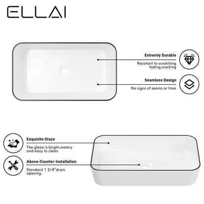 ELLAI Bathroom Vessel Sink Rectangle Bathroom Sink Bowl Above Counter Porcelain Ceramic Top Mount Rectanglar Sink Countertop Vanity Art Basin for Bathroom 24"x13.2"x4.3” Glossy White with Black Rim