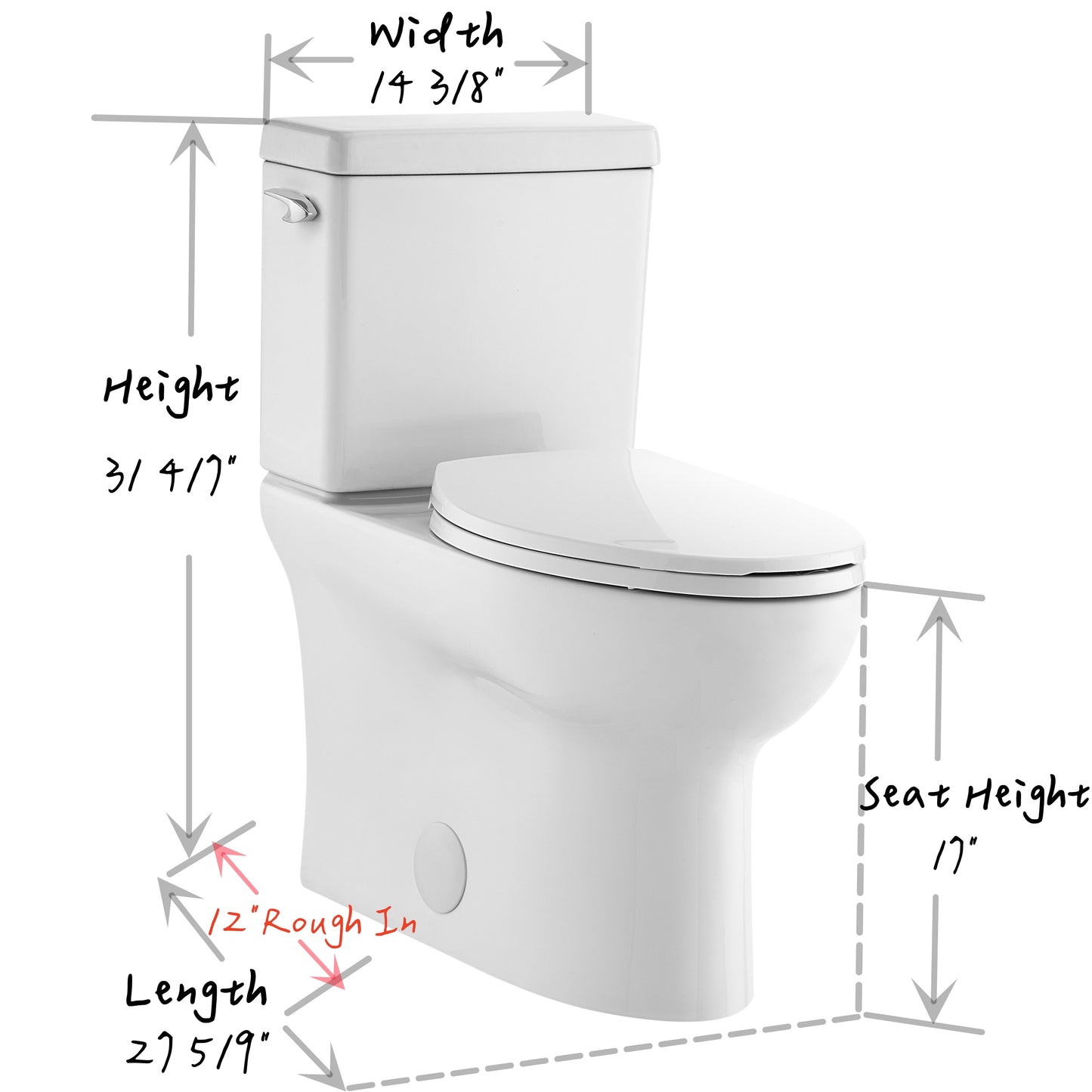 ELLAI Two Pieces Elongated Toilets Comfort Height ADA Single Flush TORNADO FLUSH Toilet 1.28 GPF 12” Rough In with Left-hand Trip Lever, White