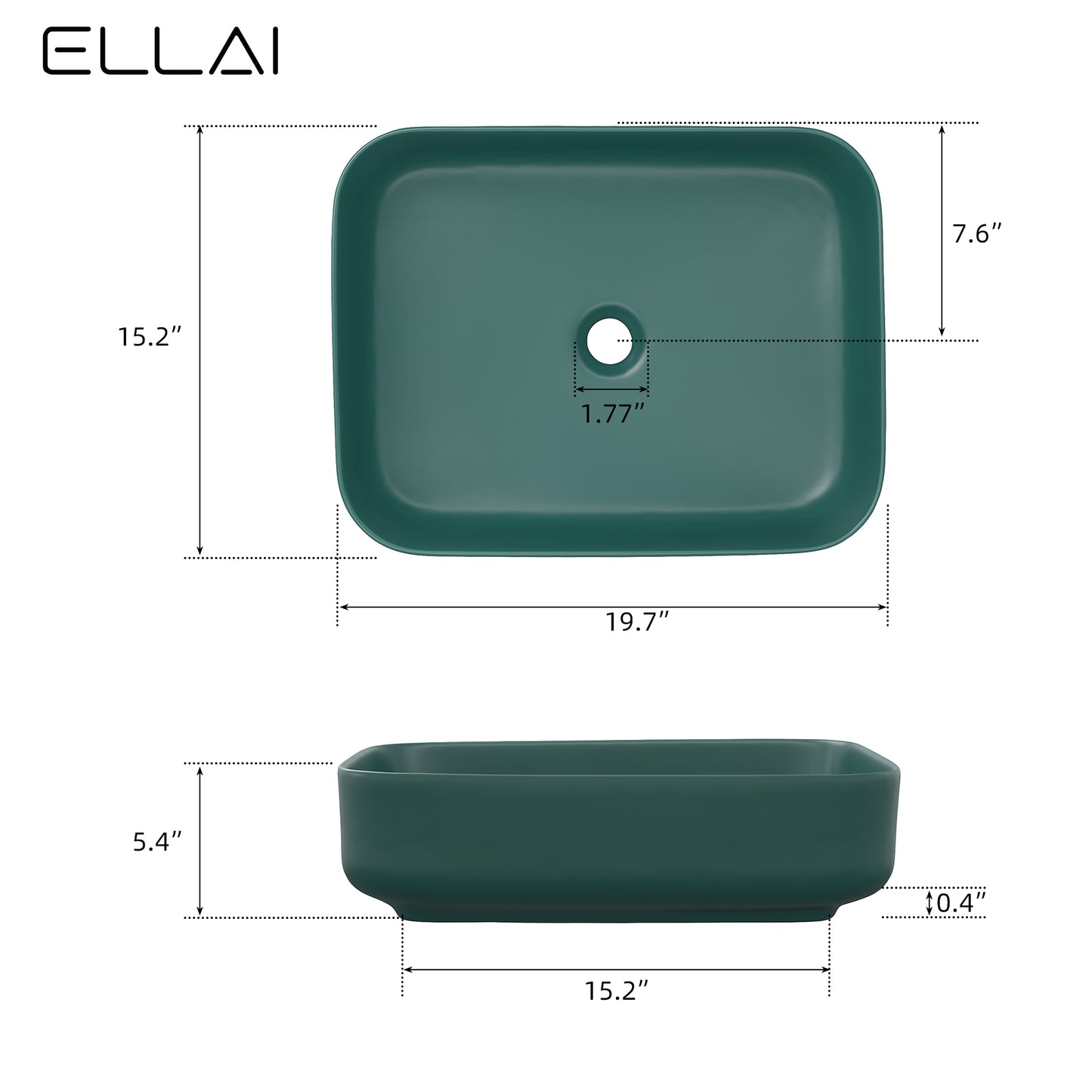 ELLAI Bathroom Vessel Sink Rectangle Bathroom Sink Bowl Above Counter Porcelain Ceramic Top Mount Rectanglar Sink Countertop Vanity Art Basin for Bathroom 19.7"x15.2"x5.4” Dark Green