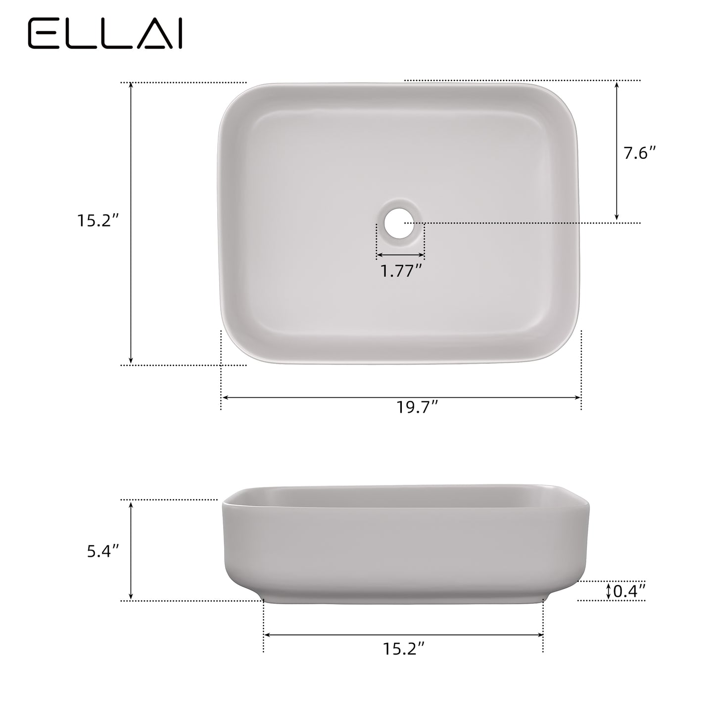 ELLAI Bathroom Vessel Sink Rectangle Bathroom Sink Bowl Above Counter Porcelain Ceramic Top Mount Rectanglar Sink Countertop Vanity Art Basin for Bathroom 19.7"x15.2"x5.4” Light Gray