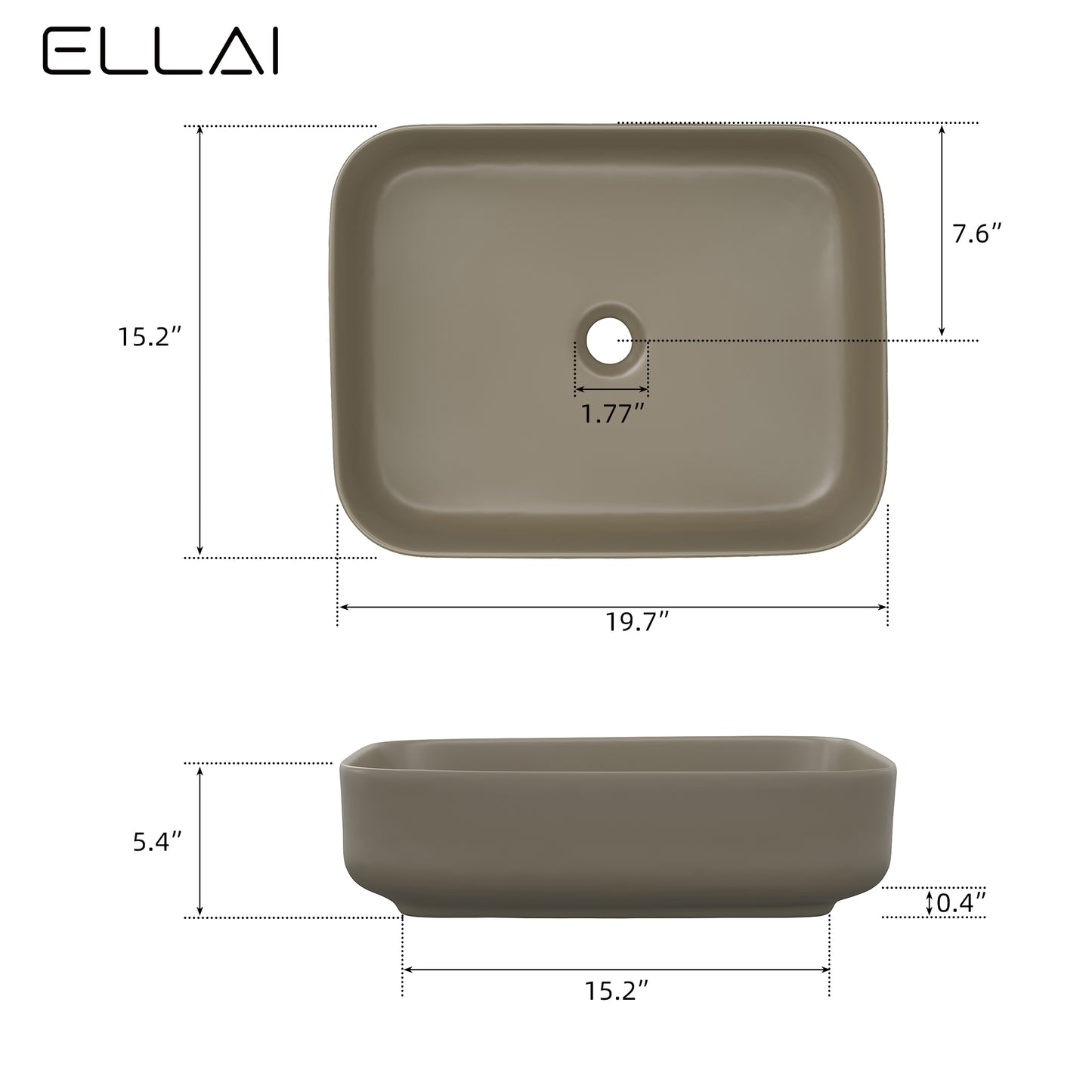 ELLAI Bathroom Vessel Sink Rectangle Bathroom Sink Bowl Above Counter Porcelain Ceramic Top Mount Rectanglar Sink Countertop Vanity Art Basin for Bathroom 19.7"x15.2"x5.4” Brown