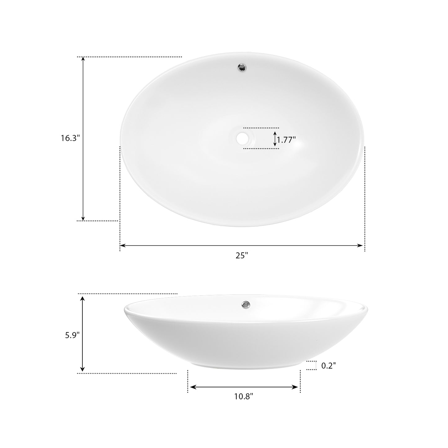 ELLAI Oval Bathroom Vessel Sink With Overflow Modern Egg Shape Bathroom Sink Bowl Above Counter Porcelain Ceramic Top Mount Oval Sink Countertop Art Basin for Bathroom 25"x16.3"x5.9" Glossy White