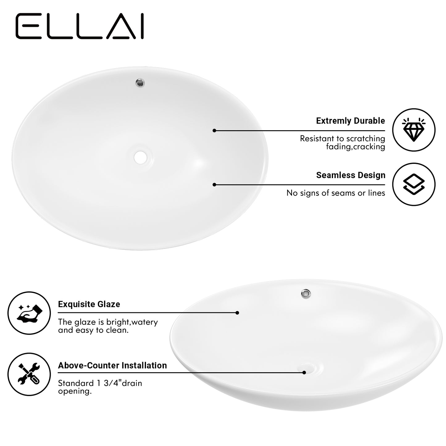 ELLAI Oval Bathroom Vessel Sink With Overflow Modern Egg Shape Bathroom Sink Bowl Above Counter Porcelain Ceramic Top Mount Oval Sink Countertop Art Basin for Bathroom 25"x16.3"x5.9" Glossy White