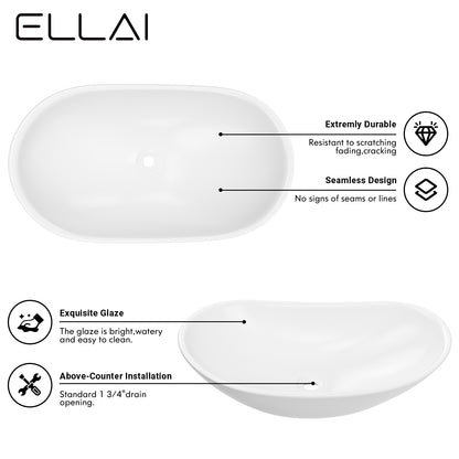 ELLAI Oval Bathroom Vessel Sink With Overflow Modern Egg Shape Bathroom Sink Bowl Above Counter Porcelain Ceramic Top Mount Oval Sink Countertop Art Basin for Bathroom 23.8"x14.2"x5.5" Glossy White