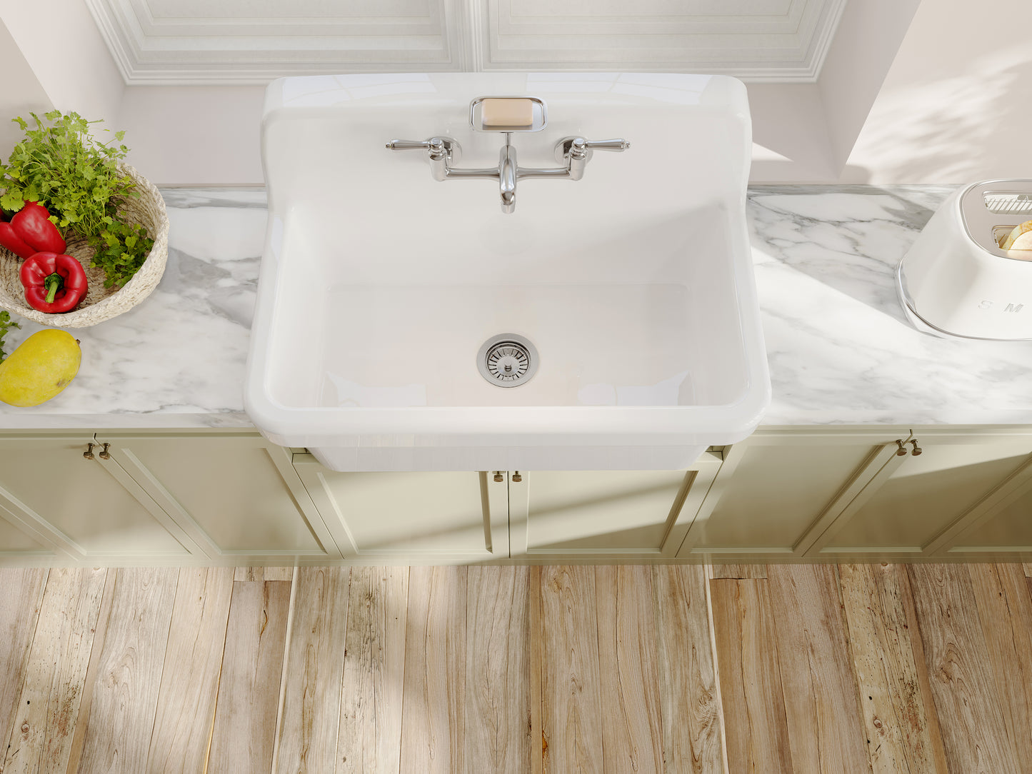 ELLAI White Ceramic Farmhouse Kitchen Sink 30"x19"x18" Farm Style Wall Mount Utility Sink High Back Floating Bathroom Sink Wall Mounted Laundry Sink with 8 Inch Center Faucet Chrome with Soap Tray