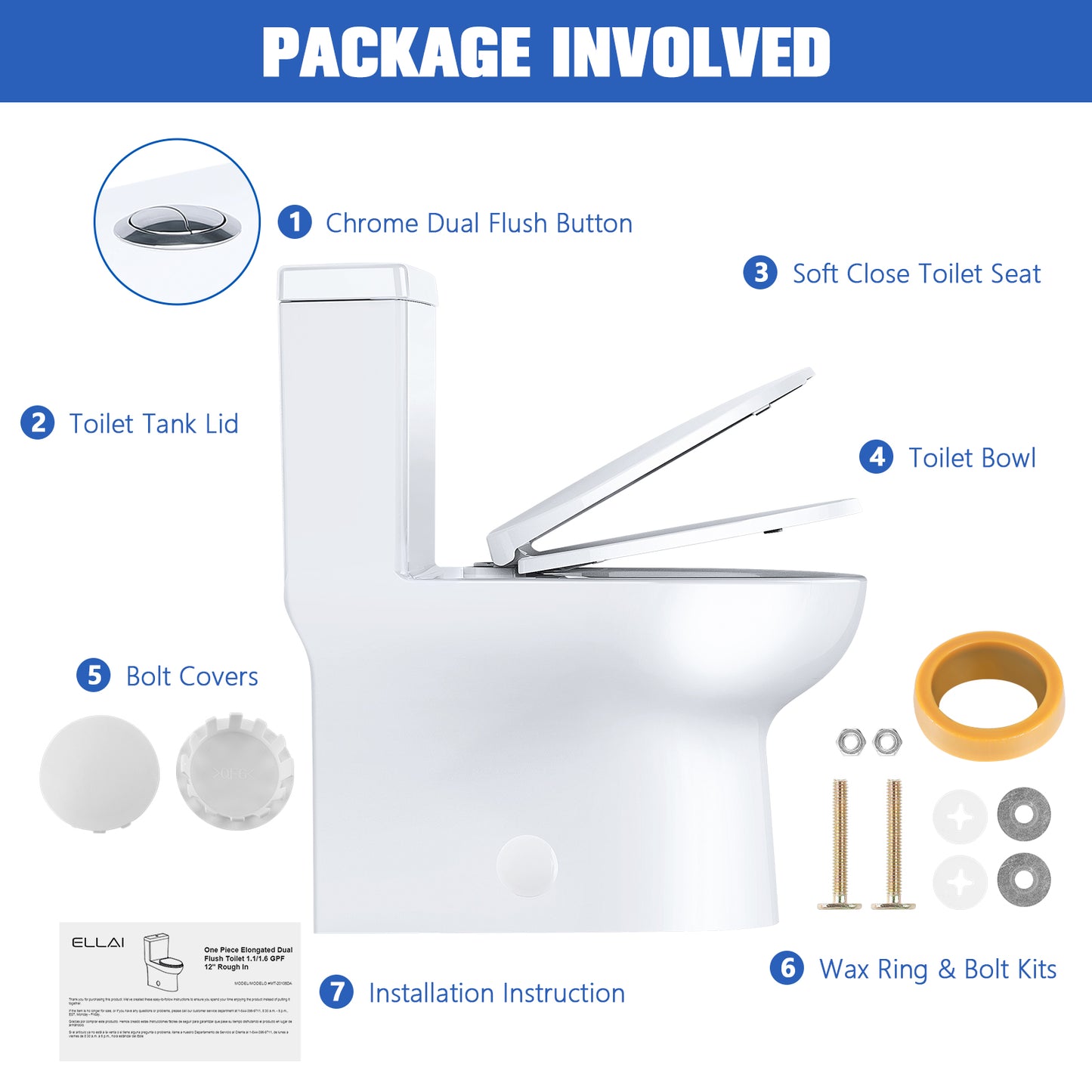 ELLAI One Piece Elongated Toilet Power Dual Flush 1.1/1.6 GPF Standard White 12” Rough In Modern Toilet for Bathroom with Soft Closing Seat and Comfort Chair Seat 17"ADA Height, 27.6”x15.1”x31.6”