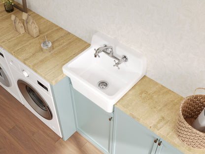 ELLAI White Ceramic Farmhouse Kitchen Sink 24"x19"x16.5" Farm Style Wall Mount Utility Sink High Back Floating Bathroom Sink Wall Mounted Laundry Sink with 8 Inch Center Faucet Polished Chrome