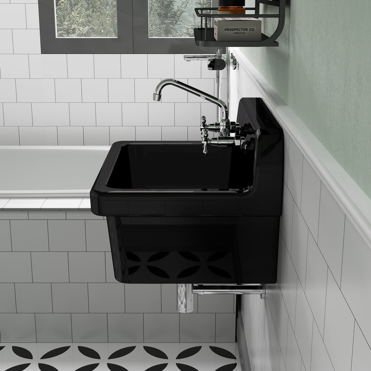 ELLAI Glossy Black Ceramic Farmhouse Kitchen Sink 24"x19"x16.5" Farm Style Wall Mount Utility Sink High Back Floating Bathroom Sink Wall Mounted Laundry Sink Laundry Tub Slop Sink