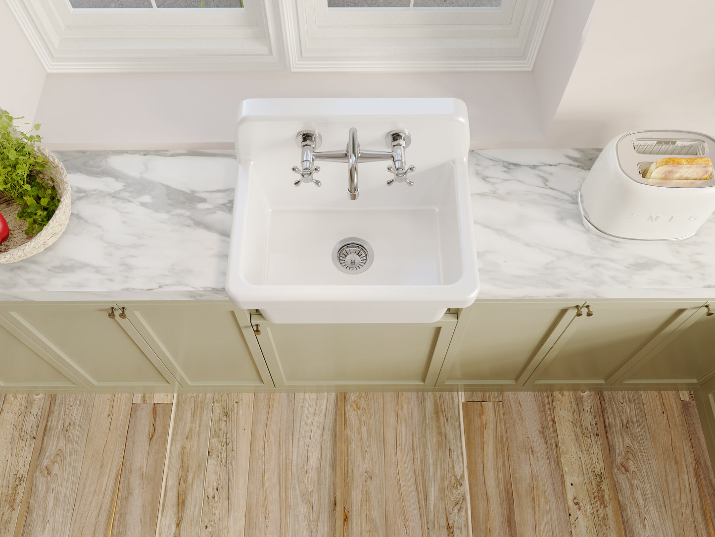 ELLAI White Ceramic Farmhouse Kitchen Sink 24"x19"x16.5" Farm Style Wall Mount Utility Sink High Back Floating Bathroom Sink Wall Mounted Laundry Sink with 8 Inch Center Faucet Polished Chrome