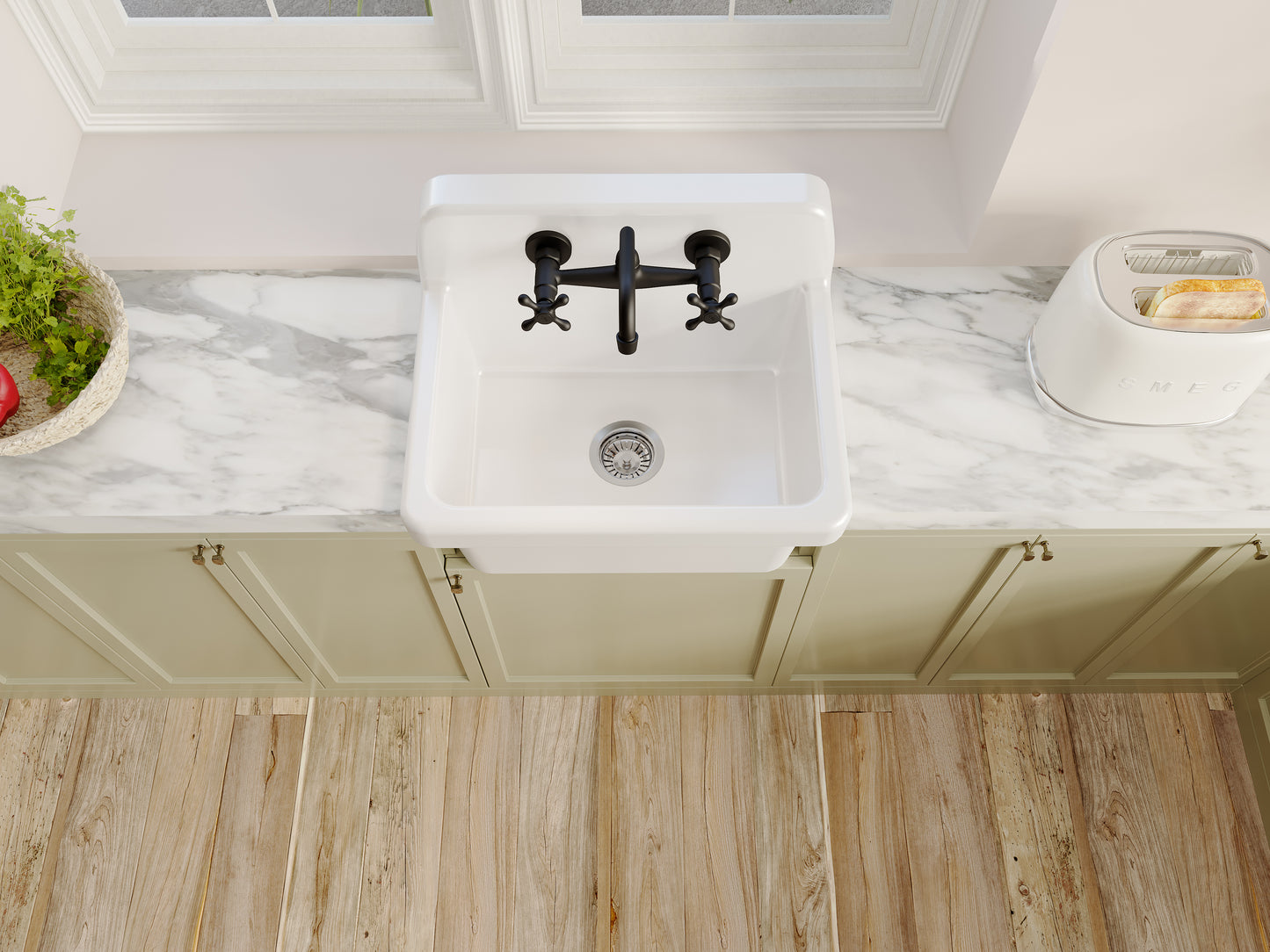 ELLAI White Ceramic Farmhouse Kitchen Sink 24"x19"x16.5" Farm Style Wall Mount Utility Sink High Back Floating Bathroom Sink Wall Mounted Laundry Sink with 8 Inch Center Faucet Matte Black