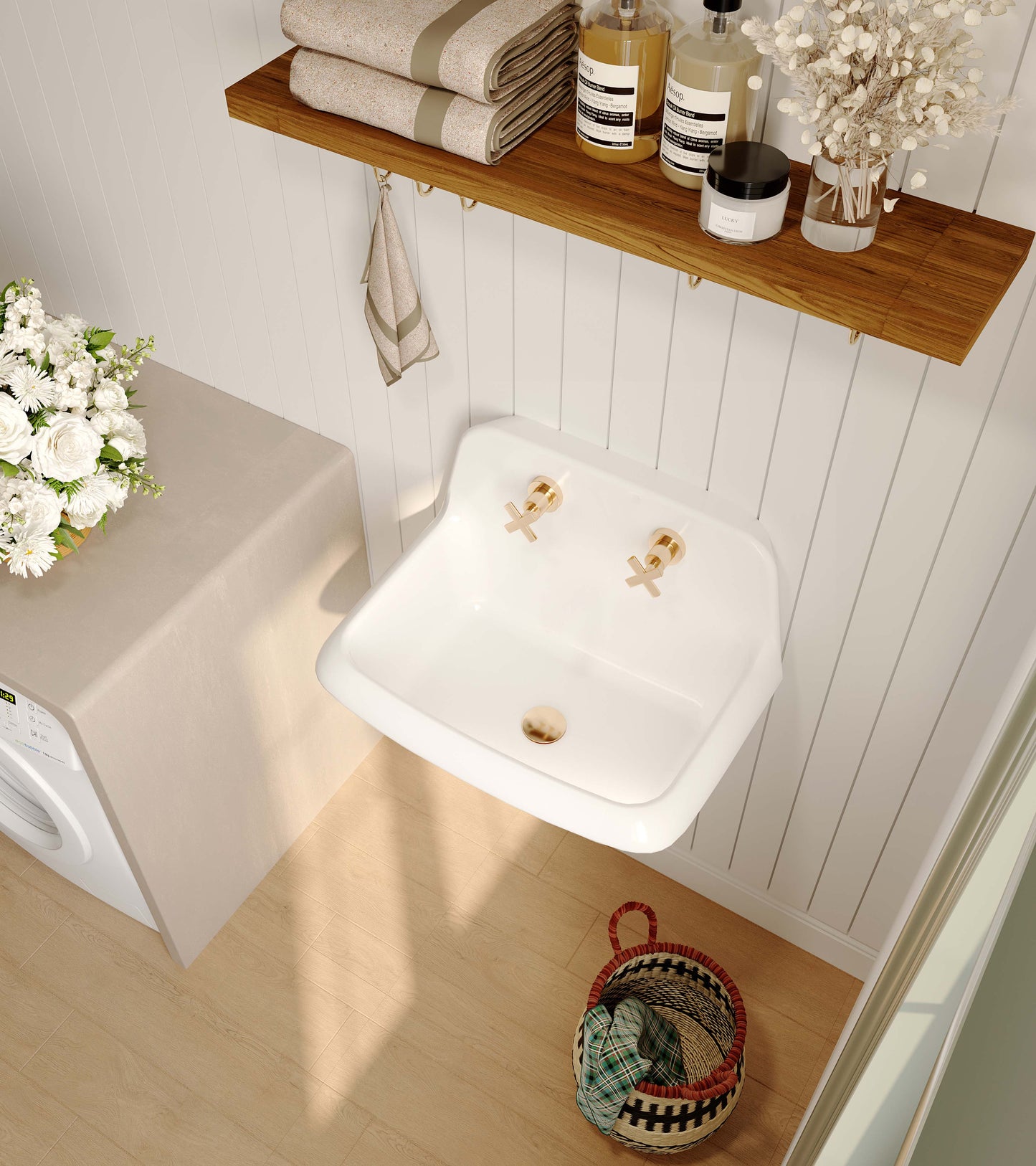 ELLAI 24 Inch Wall Mounted High Back Kitchen Sink White Porcelain Utility Sink Farm Sink Ceramic Farmhouse Laundry Sink Wall Mount Bathroom Sink, 8 in centers, 24” x 17” x 15”