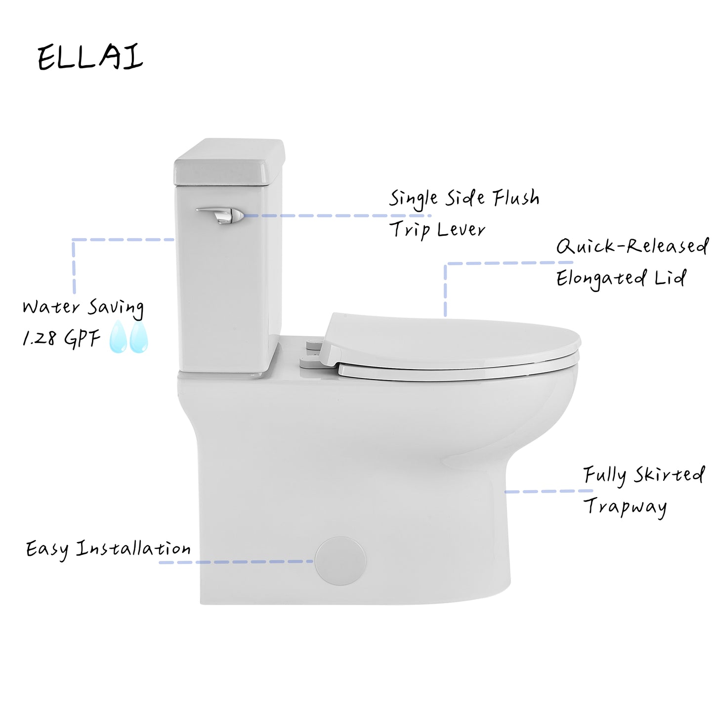 ELLAI Two Pieces Elongated Toilets Comfort Height ADA Single Flush TORNADO FLUSH Toilet 1.28 GPF 12” Rough In with Left-hand Trip Lever, White