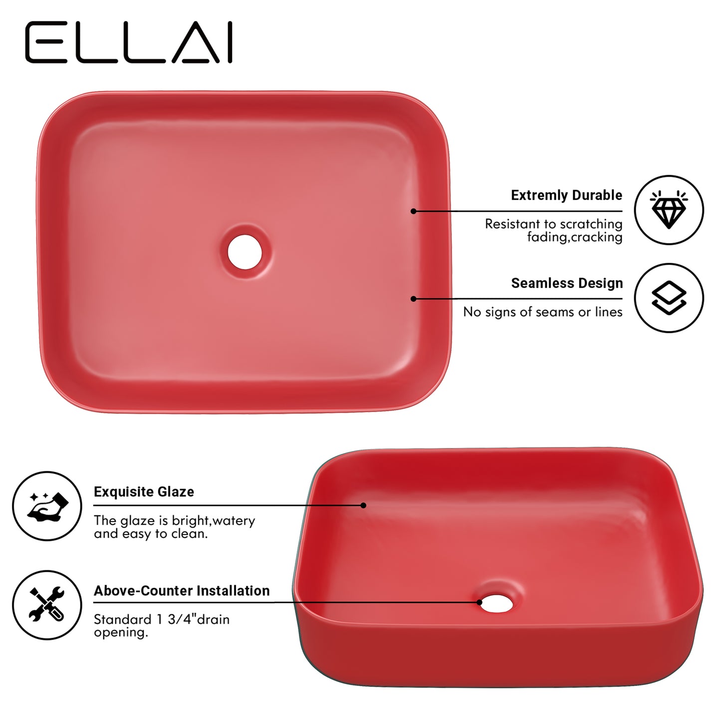 ELLAI Bathroom Vessel Sink Rectangle Bathroom Sink Bowl Above Counter Porcelain Ceramic Top Mount Rectanglar Sink Countertop Vanity Art Basin for Bathroom 19.7"x15.2"x5.4” Red