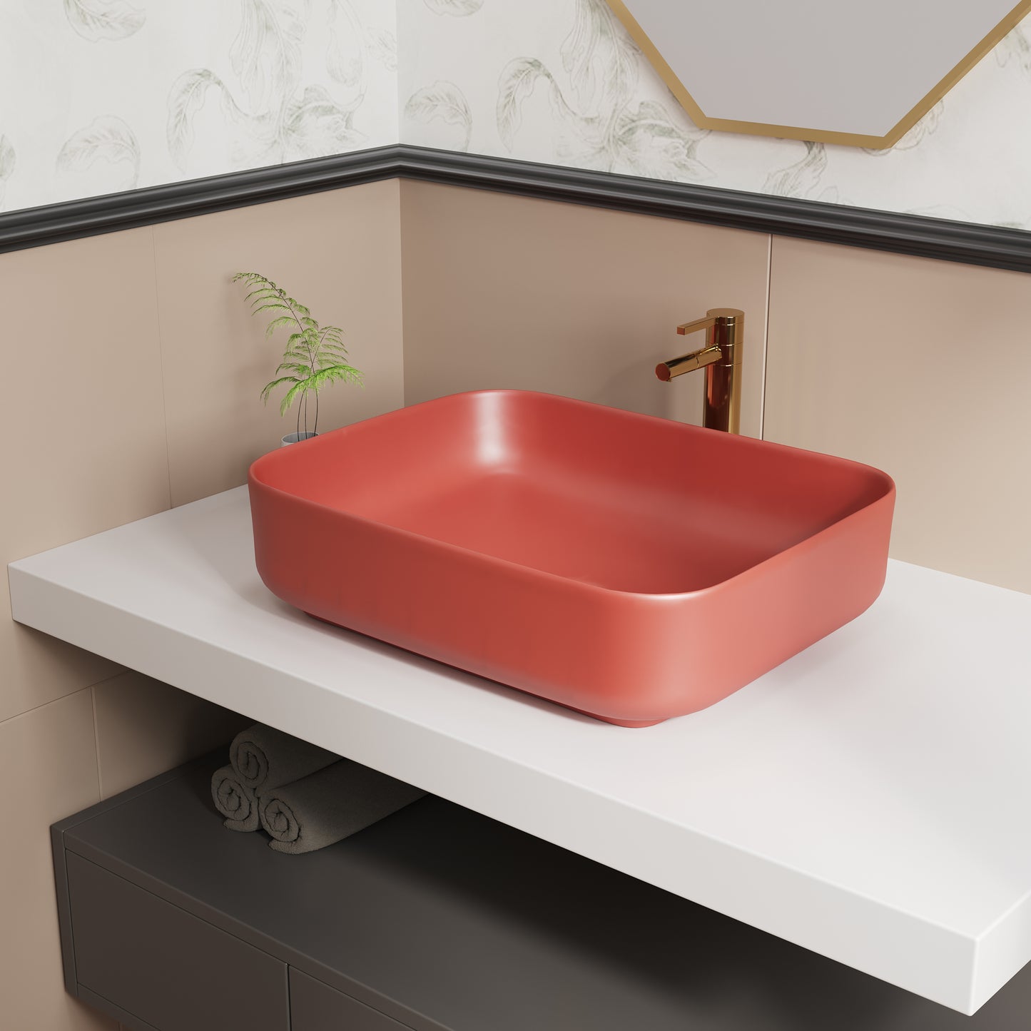 ELLAI Bathroom Vessel Sink Rectangle Bathroom Sink Bowl Above Counter Porcelain Ceramic Top Mount Rectanglar Sink Countertop Vanity Art Basin for Bathroom 19.7"x15.2"x5.4” Red