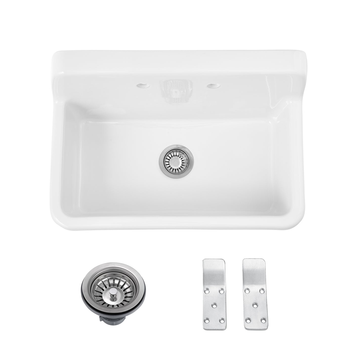 ELLAI White Ceramic Farmhouse Kitchen Sink 30"x19"x18" Farm Style Wall Mount Utility Sink High Back Floating Bathroom Sink Wall Mounted Laundry Sink with 8 Inch Center Faucet Matte Black