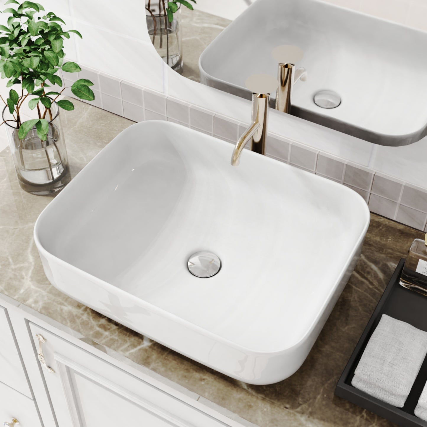 ELLAI Bathroom Vessel Sink Rectangle Bathroom Sink Bowl Above Counter Porcelain Ceramic Top Mount Rectanglar Sink Countertop Vanity Art Basin for Bathroom 19.7"x15.2"x5.4”