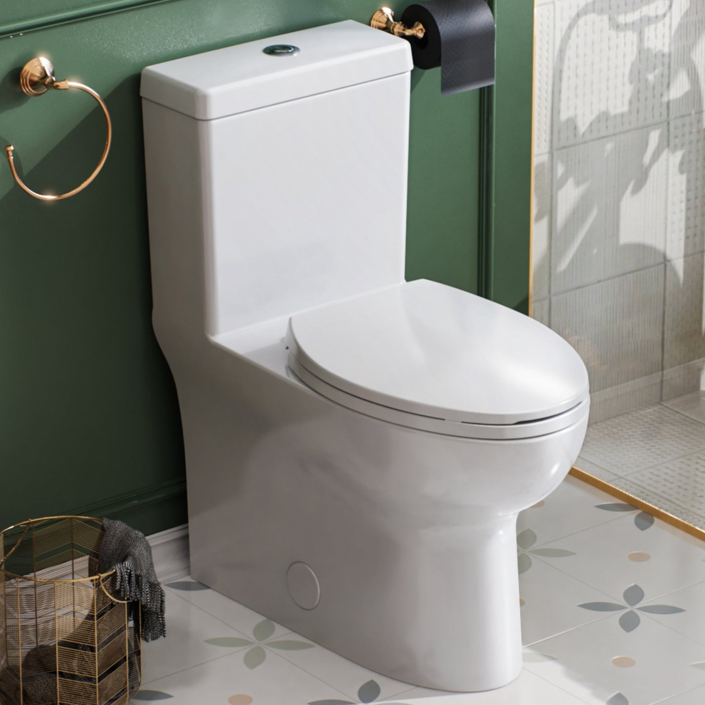 ELLAI One Piece Elongated Toilet Power Dual Flush 1.1/1.6 GPF Standard White 12” Rough In Modern Toilet for Bathroom with Soft Closing Seat and Comfort Chair Seat 17"ADA Height, 27.6”x15.1”x31.6”