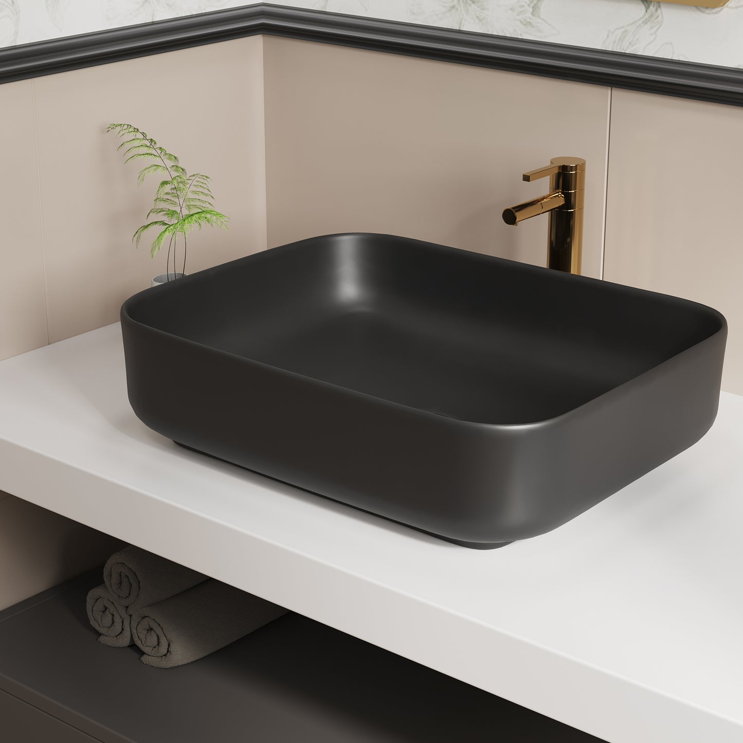 ELLAI Bathroom Vessel Sink 19.7"x15.2"x5.4" Rectangle Matte Black Vessel Sink with Black Pop Up Drain, Bathroom Sink Above Counter, Ceramic Countertop Vessel Sink for Bathroom