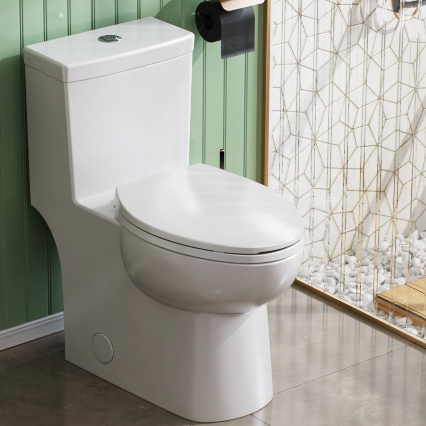 ELLAI One Piece Elongated Toilet Power Dual Flush 1.1/1.6 GPF Standard White 12” Rough In Modern Toilet for Bathroom with Soft Closing Seat and Comfort Chair Seat 17"ADA Height, 28.2”x14.4”x29.7”