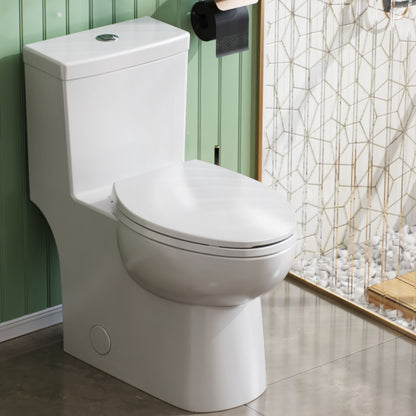 ELLAI One Piece Elongated Toilet Power Dual Flush 1.1/1.6 GPF Standard White 12” Rough In Modern Toilet for Bathroom with Soft Closing Seat and Comfort Chair Seat 17"ADA Height, 28.2”x14.4”x29.7”