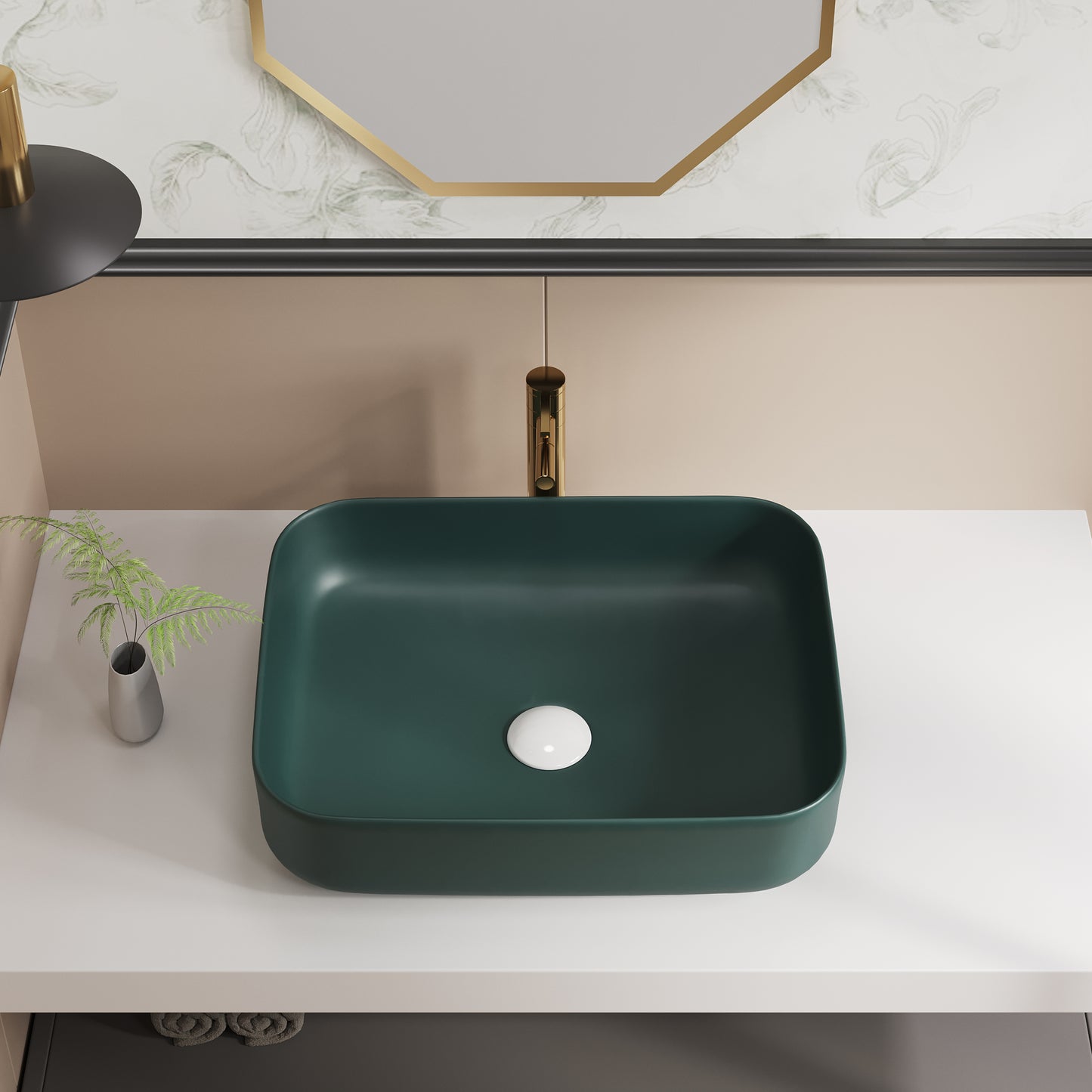 ELLAI Bathroom Vessel Sink Rectangle Bathroom Sink Bowl Above Counter Porcelain Ceramic Top Mount Rectanglar Sink Countertop Vanity Art Basin for Bathroom 19.7"x15.2"x5.4” Dark Green