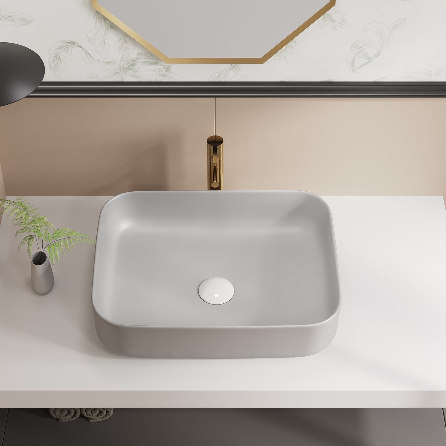 ELLAI Bathroom Vessel Sink Rectangle Bathroom Sink Bowl Above Counter Porcelain Ceramic Top Mount Rectanglar Sink Countertop Vanity Art Basin for Bathroom 19.7"x15.2"x5.4” Light Gray