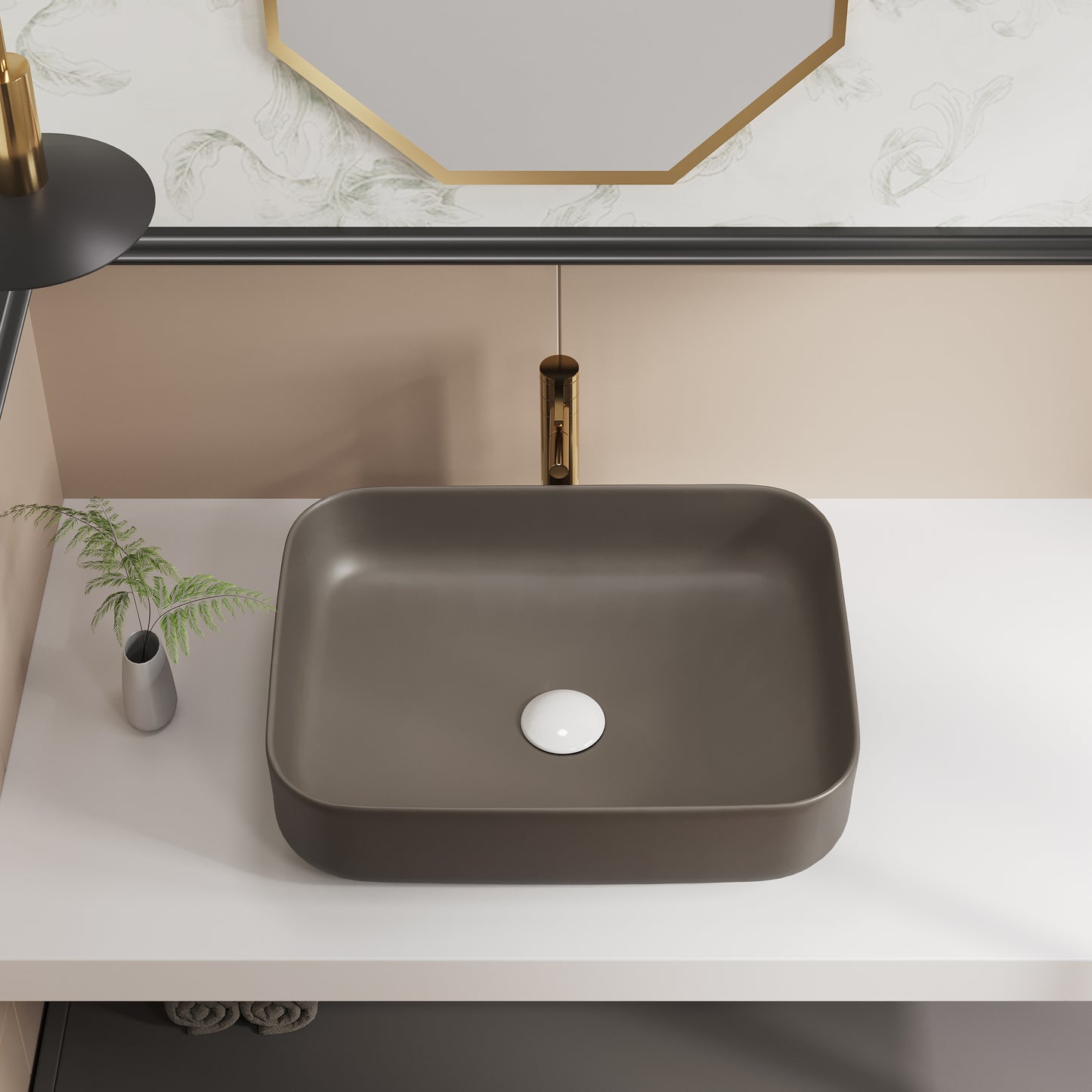 ELLAI Bathroom Vessel Sink Rectangle Bathroom Sink Bowl Above Counter Porcelain Ceramic Top Mount Rectanglar Sink Countertop Vanity Art Basin for Bathroom 19.7"x15.2"x5.4” Brown