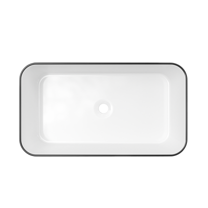 ELLAI Bathroom Vessel Sink Rectangle Bathroom Sink Bowl Above Counter Porcelain Ceramic Top Mount Rectanglar Sink Countertop Vanity Art Basin for Bathroom 24"x13.2"x4.3” Glossy White with Black Rim
