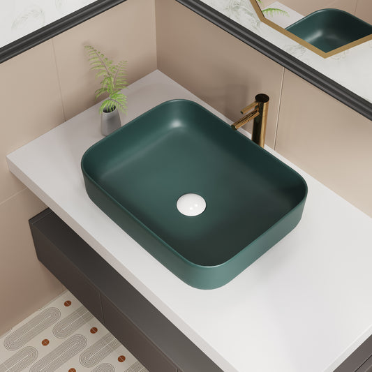 ELLAI Bathroom Vessel Sink Rectangle Bathroom Sink Bowl Above Counter Porcelain Ceramic Top Mount Rectanglar Sink Countertop Vanity Art Basin for Bathroom 19.7"x15.2"x5.4” Dark Green