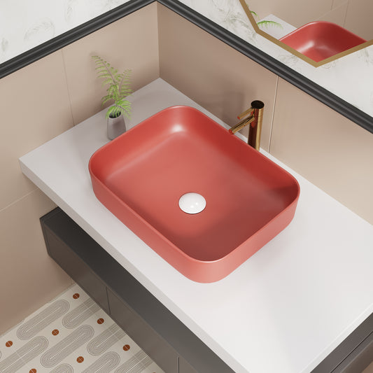 ELLAI Bathroom Vessel Sink Rectangle Bathroom Sink Bowl Above Counter Porcelain Ceramic Top Mount Rectanglar Sink Countertop Vanity Art Basin for Bathroom 19.7"x15.2"x5.4” Red