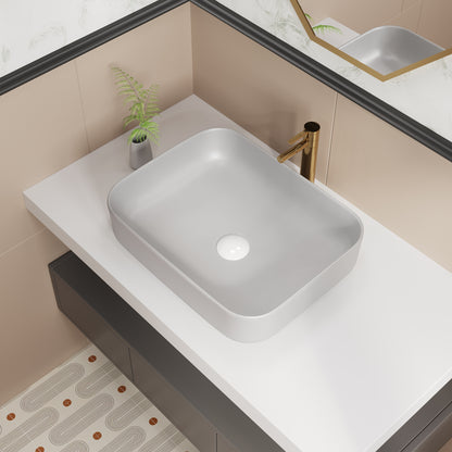 ELLAI Bathroom Vessel Sink Rectangle Bathroom Sink Bowl Above Counter Porcelain Ceramic Top Mount Rectanglar Sink Countertop Vanity Art Basin for Bathroom 19.7"x15.2"x5.4” Light Gray