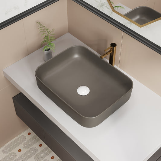 ELLAI Bathroom Vessel Sink Rectangle Bathroom Sink Bowl Above Counter Porcelain Ceramic Top Mount Rectanglar Sink Countertop Vanity Art Basin for Bathroom 19.7"x15.2"x5.4” Brown