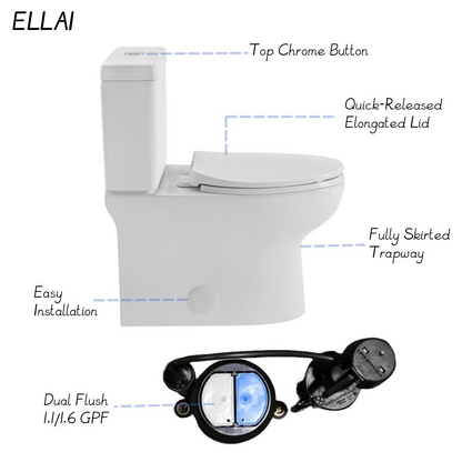 ELLAI Elongated Two Pieces Toilets with Comfortable Chair Seat Height ADA 17" and soft-closing seat, Dual Power Flush Toilet 1.1/1.6 GPF, 12'' Rough In, Top Chrome Button, White