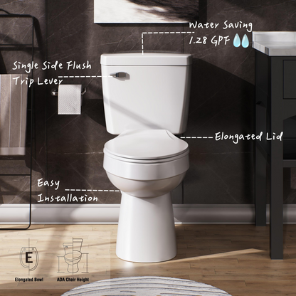 White 2-piece Elongated Toilet with Standard 12-in Rough-in , ELLAI Powerful Single Flush 1.28 GPF ADA Chair Height Toilet (Seat Included)