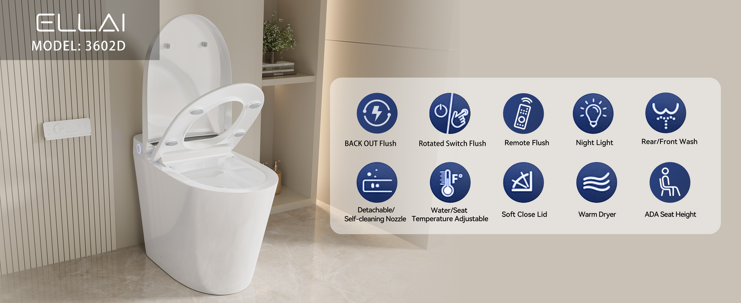 ELLAI Smart Toilet ADA Height Tankless Elongated Bidet Toilet with Auto Flush, One Piece Toilet with Bidet Build in Heated Seat and Multi-Function Remote Control in White